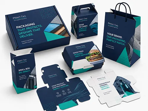 Custom packaging solutions including printed boxes, food-grade cartons, gift bags and retail packaging by Print-Tag